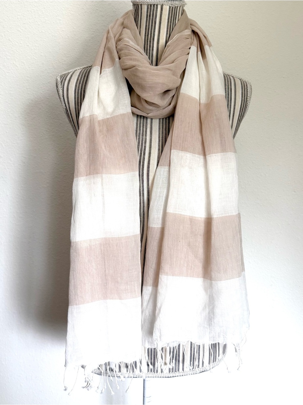 Eileen Fisher Organic Cotton Oversized Scarf Beige Ivory Striped Fringe Wrap